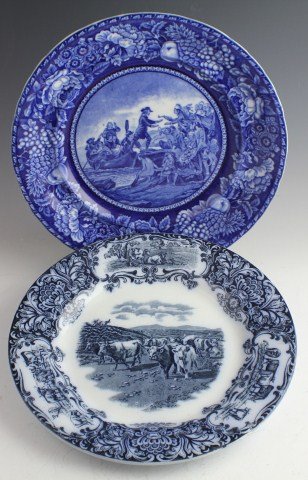 TWO 19TH CENTURY ENGLISH PLATES: TWO 19TH CENTURY ENGLISH PLATES Wedgwood plate with highland cattle, small chip. A Staffordshire plate showing the landing of Roger Williams in 1636. Size: 10" diameter