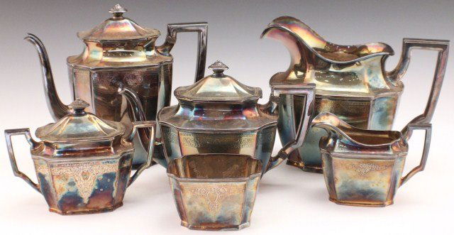 ANCESTRAL BY ROGERS SILVER PLATED TEA SERVICE: ANCESTRAL BY ROGERS SILVER PLATED TEA SERVICE Including: Water pitcher, teapot, coffee pot (lid detached), covered sugar, sugar and creamer. All are marked "Ancestral" and have the makers details to t
