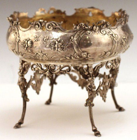 EUROPEAN 800 SILVER SWEETMEAT COMPOTE: EUROPEAN 800 SILVER DISH An unusual ornate design of continental .800 silver on cloven hoved legs topped with angel heads in the French style. Size: standing 4.25"