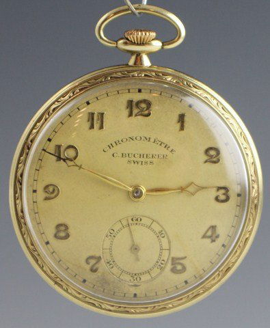 MENS 14K GOLD POCKET WATCH by BUCHERER: MENS 14K GOLD POCKET WATCH by BUCHERER Size 12. C. Bucherer chronometer in 14k case. Open face, gold dial with gold arabic numerals. Ovida movement. Date unknown. Circa 1900. Working, although not