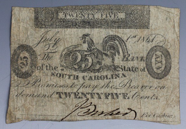 CIVIL WAR ERA SOUTHERN STATES 25 CENT NOTE: CIVIL WAR ERA SOUTHERN STATES 25 CENT NOTE Bank of the State of Carolina 25 cent note dated 1861. Size: 3.25" x 2.5"