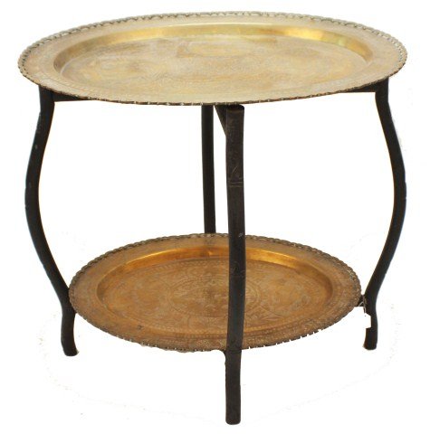ASIAN BRASS TRAY FOLDING TABLE: ASIAN BRASS TRAY FOLDING TABLE Hand made two tray table on folding wooden legs. Asian origin. Size: Large tray 27" x 20"