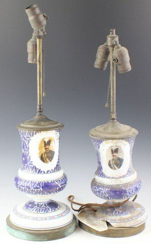 PAIR OF PERSIAN 19TH CENTURY LAMPS: PAIR OF PERSIAN 19TH CENTURY LAMPS A fine pair of milk glass lamps decorated with the likeness of Nasser al-Din Shah Qajar 1831 – 1896. Size: 21" tall total