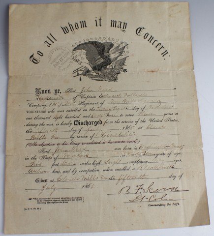 CIVIL WAR NEW YORK CALVARY DISCHARGE DOCUMENT: CIVIL WAR NEW YORK CALVARY DISCHARGE DOCUMENT Discharge papers of John Mead from the 24th Regiment of the New York Cavalry. Dated the 15 of July, 1865. The document includes a description of John Mead