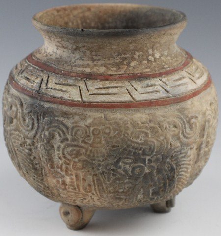PRE-COLOMBIAN CARVED AZTEC BOWL: PRE-COLOMBIAN CARVED AZTEC BOWL Pre-Colombian, Aztec ritual bowl, featured design in relief to the sides. Size: 4 x 4 x 4"