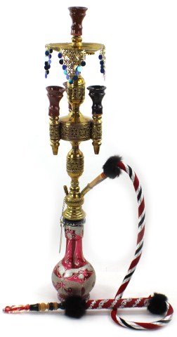 MIDDLE EASTERN HOOKAH: MIDDLE EASTERN HOOKAH A hookah (waterpipe, narghile, or Qalyan) bought some years ago in Egypt. Reputedly unused. Brass parts, decorated rose glass bowl. Size: standing 37"