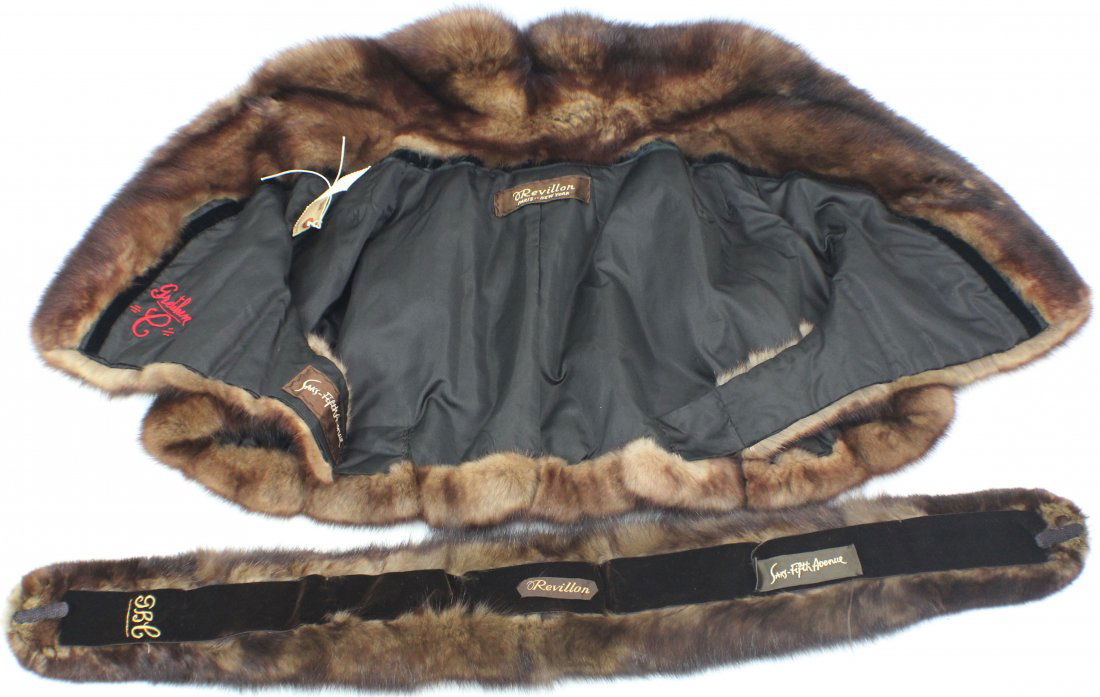 FOX FUR SHAWL AND SCARF REVILLON SAKS 5TH AVE: Fox fur shawl and scarf, Revillon Saks Fifth Avenue L-20", S-Approx 16", Two tags Ravillon New York and Saks 5th Ave. Scarp also reads Saks 5th Ave, L-39".