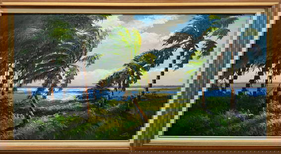 JAMES GIBSON FLORIDA HIGHWAYMEN PALM CLUSTER: Gibson, James (1938-2017) Florida Highwaymen Painting. Oil on Masonite - signed lower right. Executed in brush and palette knife. Masterpiece James Gibson provenance directly from the Gibson family Es