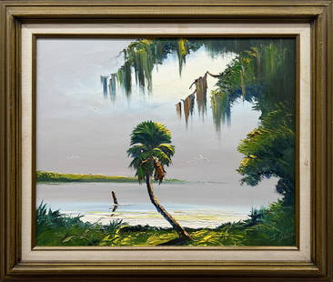 JAMES GIBSON FLORIDA HIGHWAYMEN LONE PALM: Gibson, James (1938-2017) Florida Highwaymen Painting. Oil on canvas - signed lower right. Executed in brush and palette knife. A lone palm sits under the shadows of an oak with draping moss on a sunn