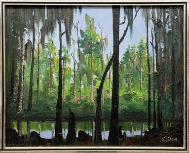 JAMES GIBSON FLORIDA HIGHWAYMEN CYPRESS SWAMP: Gibson, James (1938-2017) Florida Highwaymen Painting. Oil on canvas - signed lower right. Executed in brush and palette knife. Moss oak host an anthem of natures existence. Canvas measures 16x20 fram