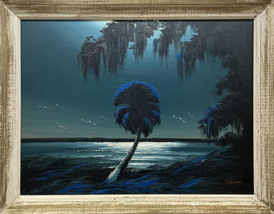 JAMES GIBSON FLORIDA HIGHWAYMEN BLUE MOON: Gibson, James (1938-2017) Florida Highwaymen Painting. Oil on Upson - signed lower right. Executed in brush and palette knife. Indigo palm yearning for the sea transfixed with the moon and oak draped