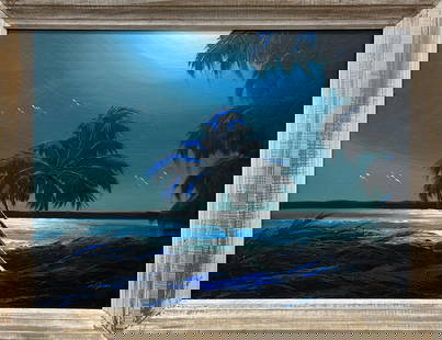 JAMES GIBSON FLORIDA HIGHWAYMEN BLUE SERENITY: Gibson, James (1938-2017) Florida Highwaymen Painting. Oil on Upson - signed lower right. Executed in brush and palette knife. Lapis Love in silent serenity. Blue silhouettes of the moon and palm. . B