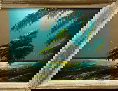 JAMES GIBSON FLORIDA HIGHWAYMEN ONLY THE LONELY: Gibson, James (1938-2017) Florida Highwaymen Painting. Oil on Upson - Signed lower right. Executed in brush and palette knife. Rich Palette knife fronds of a lone palm embracing the sea and sky the ri