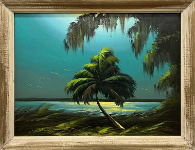 JAMES GIBSON FLORIDA HIGHWAYMEN ONLY THE LONELY: Gibson, James (1938-2017) Florida Highwaymen Painting. Oil on Upson - Signed lower right. Executed in brush and palette knife. Rich Palette knife fronds of a lone palm embracing the sea and sky the ri