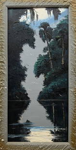 JAMES GIBSON FLORIDA HIGHWAYMEN SUPERMOON: Gibson, James (1938-2017) Florida Highwaymen Painting. Oil on Masonite - Signed lower right and verso dated November 14, 1995. Executed in brush and palette knife. Tall vertical rendering of with the
