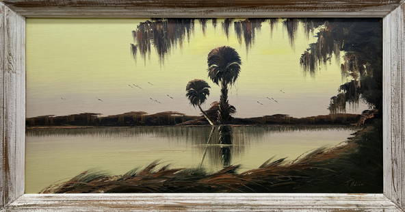 JAMES GIBSON FLORIDA HIGHWAYMEN SEPIA PALMS: Gibson, James (1938-2017) Florida Highwaymen Painting. Oil on Upson - signed lower right. Executed in brush and palette knife. Twin palms mirrored in the unstirred current. Sepia tone monochrome plied