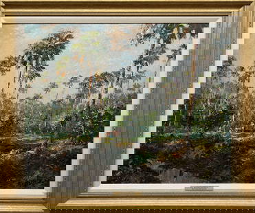 A.E. BACKUS FLORIDA ARTIST GICLEE TURNBULL HAMMOCK: Backus, Albert Ernest "Beanie" (1906-1990) Florida Artist Giclee. Giclee on canvas - signed in print lower right. Titled "Turnbull Hammock". Hand embellished giclee. Each stroke of clear coat is dedic