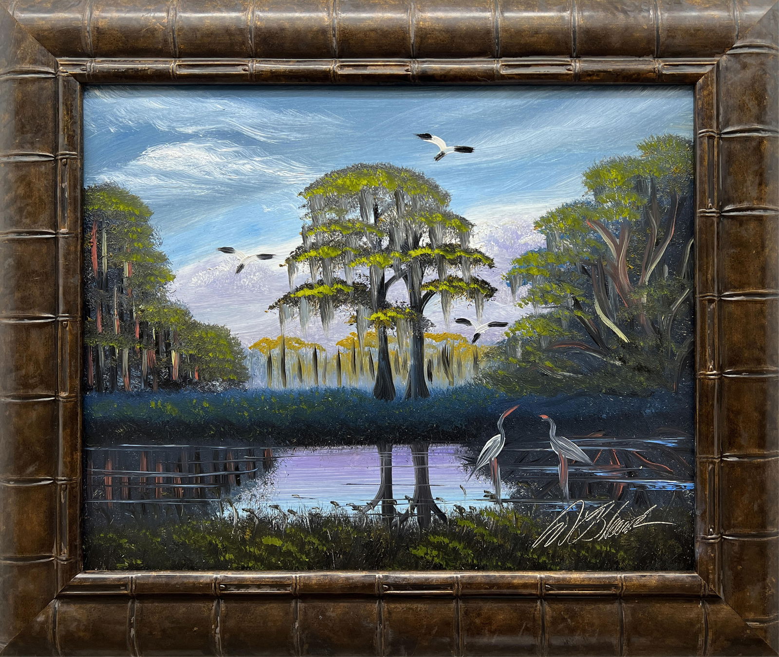 AL BLACK FLORIDA HIGHWAYMEN WILDLIFE RESERVE: Black, Albert “Blood” (B.1947) Florida Highwaymen Painting. Oil on Masonite - signed lower right. Rendered in brush and palette knife. Suspended moss drips from Oak branches reflecting on