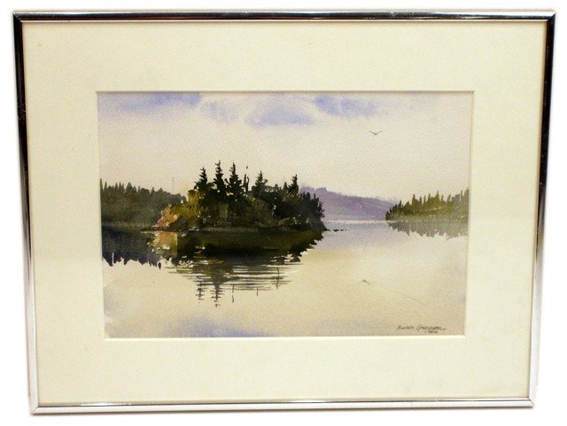 RICHARD GROSVENER - LAKE SCENE 1984 WATERCOLOR: RICHARD GROSVENER - LAKE SCENE 1984 WATERCOLOR Grosvenor, Richard (French, 1928 -), featured artist with Arnold Art in Rhode Island. Watercolor features lake scene with mountains in the back ground. B