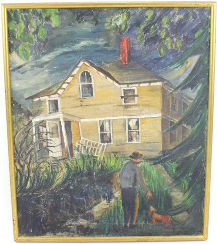 MAX WEBER OIL ON CANVAS 1934: MAX WEBER OIL ON CANVAS 1934 Max Weber (American, 1881-1961) Oil on canvas by Jewish-American painter Max Weber. Image features man with dog in front of farm house. Canvas features slight slacking, an