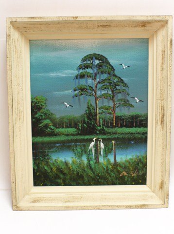AL BLACK HIGHWAYMEN FLORIDA LANDSCAPE: AL BLACK HIGHWAYMEN FLORIDA LANDSCAPE Al Black (American, b. 1946). Florida landscape by Highwaymen artist Al Black. Features bald cypress, egrets, seagulls, in palate of blue and green. Signature bot
