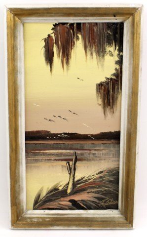 JAMES GIBSON - FLORIDA HIGHWAYMEN SEPIA LANDSCAPE: JAMES GIBSON - FLORIDA HIGHWAYMEN PAINTING SEPIA LANDSCAPE James Gibson (American, b.1938). Oil on board. Florida coastal landscape painting in sepia tones. Signature bottom right. Framed. , Size: 14 