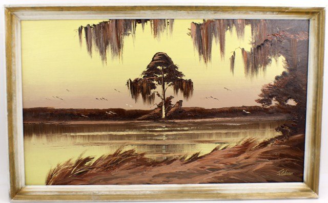 JAMES GIBSON - HIGHWAYMEN SEPIA LANDSCAPE PAINTING: JAMES GIBSON - FLORIDA HIGHWAYMEN SEPIA LANDSCAPE PAINTING James Gibson (American, b.1938). Oil on board. Large Florida coastal landscape painting in sepia tones featuring bald cypress and live oaks. 