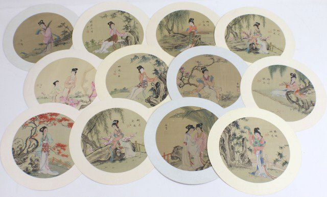 VINTAGE CHINESE PAINTED SILKS FEATURING WOMEN: VINTAGE CHINESE PAINTED SILKS FEATURING WOMEN Lot of twelve round hand painted silks made in China, probably early 20th century tourist pieces. All featuring women in traditional dress in different ou