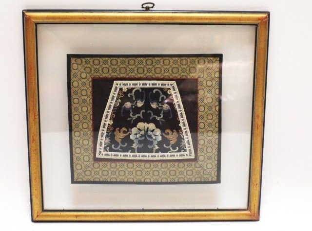FRAMED CHINESE SILK EMBROIDERY: FRAMED CHINESE SILK EMBROIDERY Chinese embroidery on silk featuring flowers and bats. Framed between two pieces of glass in black, gold, and red colored frame. , Size: 16 x 17.5" (framed), Est. 100-30