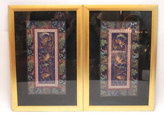 FRAMED CHINESE SILK EMBROIDERY PANELS FISH: FRAMED CHINESE SILK EMBROIDERY PANELS FISH Lot of two silk Chinese embroidery panels. Float mounted and framed under glass in gold tone frame. , Size: 19 x 28" (framed), Est. 200-400, Lot 30127