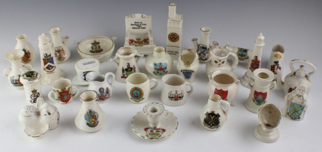 30 PIECES OF ENGLISH CRESTED CHINA: 30 PIECES OF ENGLISH CRESTED CHINA Early 20th century English town crest ware china in various forms. Makers include Swan, FO Thompson, Grafton and more. Each with it's heraldic town crest or coat-of-