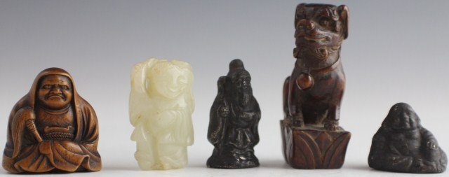 5 SMALL CHINESE CARVED FIGURES JADE WOOD CEMENT: 5 SMALL CHINESE CARVED FIGURES JADE WOOD CEMENT Small grouping of carved figures. Two wooden figures including a foo dog and man. One jade women figure. Two cement/plaster figures one of which appears