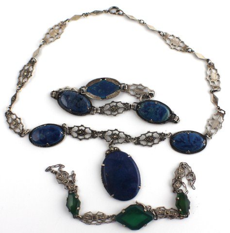 LADIES STERLING SILVER LAPIS & MARCASITE JEWELRY: LADIES STERLING SILVER LAPIS & MARCASITE JEWELRY Sterling silver lapis and marcasite necklace, 15", with matching bracelet, 7". Also a sterling silver marcasite necklace with 3 green stones, 16". Weig