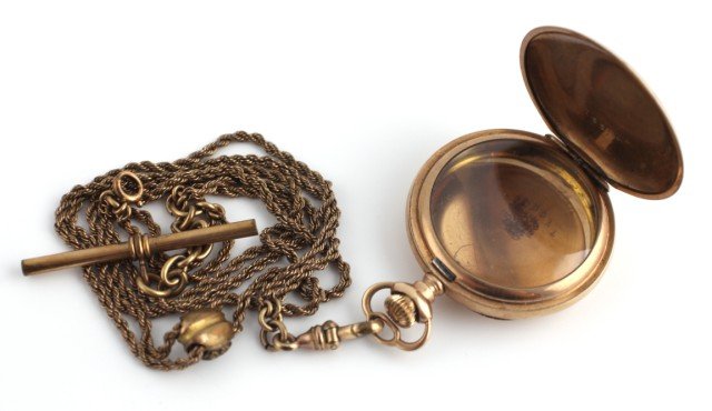 FAHYS BRISTOL GOLD FILLED HUNTERS WATCH CASE: FAHYS BRISTOL GOLD FILLED HUNTERS WATCH CASE A Fahys Bristol gold filled watch case. A hunters case with fob. Case is monogrammed "MPC". Case number 7766059, guaranteed 25 years. , Size: 35mm total di