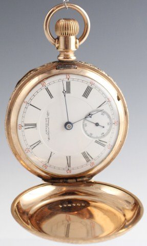 GOLD FILLED WALTHAM HUNTER CASE POCKET WATCH: GOLD FILLED WALTHAM HUNTER CASE POCKET WATCH American Waltham Watch Co pocket watch. 14K yellow gold filled hunters case. Fahys Monarch No. 1 case number 504244. Movement number 4529210. White face wi