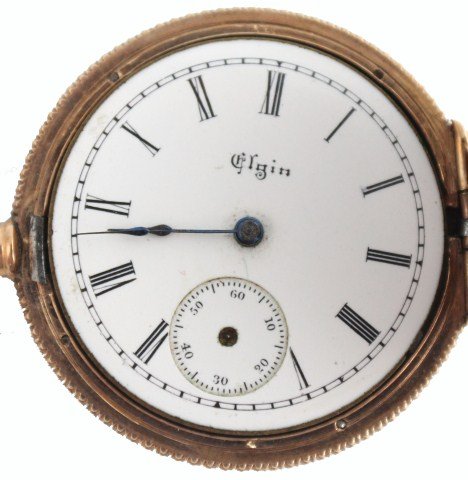 ELGIN GOLD FILLED POCKET WATCH: ELGIN GOLD FILLED POCKET WATCH Elgin Gold Filled Pocket Watch. 7 jeweled with movement number 6021841. Case number 164596. Second hands are missing. Not in working order. Weight: 35, Size: 2", Est. 50