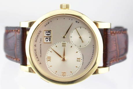 MENS LANGE & SOHNE 18K GOLD WATCH: MENS LANGE & SOHNE 18K GOLD WATCH Mens Lange & Sohne, Lange 1 18K yellow gold mechanical wristwatch with hand-wound movement. The time is shown in hours, minutes and seconds. The dial also features an