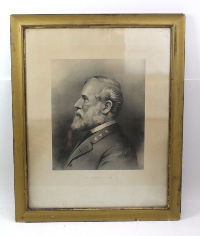FRAMED LITHOGRAPH OF GENERAL ROBERT E LEE: FRAMED LITHOGRAPH OF GENERAL ROBERT E LEE Lithograph of General E Lee in military regalia. Profile view of the shoulders up. Titled "General Robert E Lee" and copyrighted in the left hand corner to th