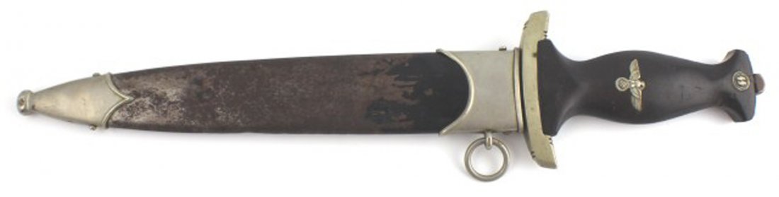 GERMAN SS DAGGER AND SCABBARD M1936: GERMAN SS DAGGER AND SCABBARD M1936 Model 1936 German SS dagger. Blade is 8 3/4" long, marked with "RZ M7/14" on ricasso and "Meine Ehre heist Treue" along blade. Translated "My honor holds true." Woo