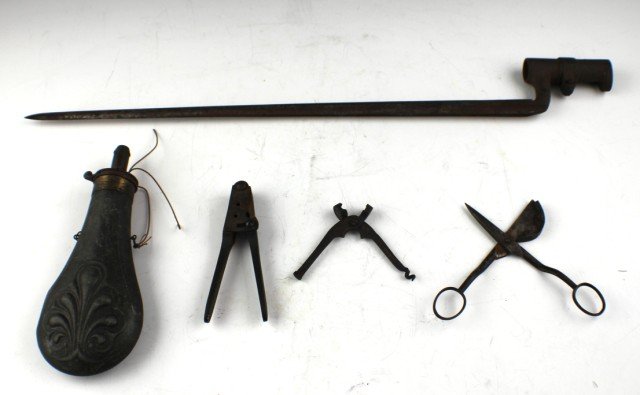 BULLET AND WEAPON ACCESSORIES CIVIL WAR LOT: BULLET AND WEAPON ACCESSORIES CIVIL WAR LOT Lot includes a 22" socket bayonet with considerable rust and pitting, steel and brass powder flask, a candle snipper, and two bullet molds. The bayonet is a