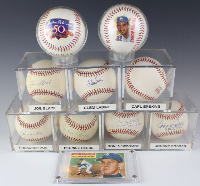 BROOKLYN DODGERS AUTOGRAPHED BASEBALL AND CARDS: BROOKLYN DODGERS AUTOGRAPHED BASEBALL AND CARDS Brooklyn Dodgers Memoribillia Lot to include: Autographed Baseballs from Brooklyn Dodgers Stars; Carl Erskine, Johnny Podres, Joe Black, Don Newcombe, P