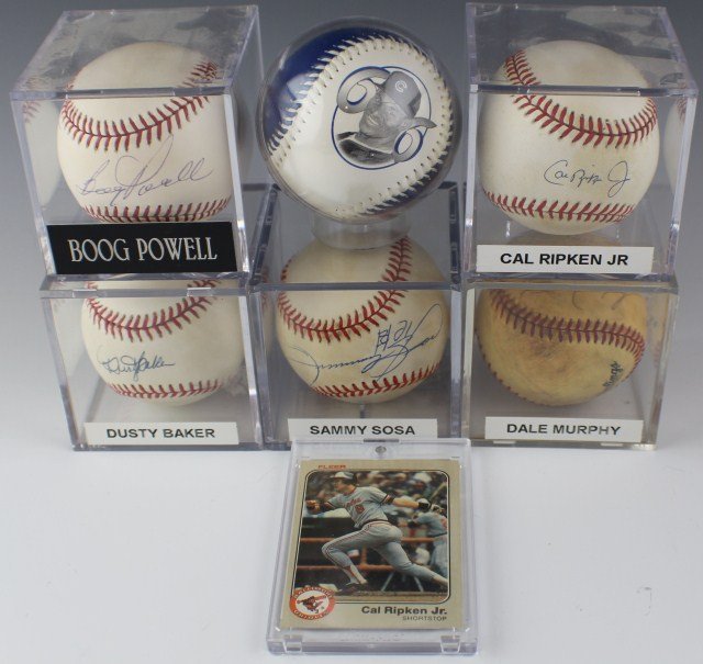 MLB ALL STAR AUTOGRAPHED BASEBALLS AND CARD: MLB ALL STAR AUTOGRAPHED BASEBALLS AND CARD Lot of MLB All Star Autographed Baseballs and Card to include; Boog Powell, Cal Ripken Jr, Dale Murphy, Dusty Baker, and Sammy Sosa. Also included is Sammy 