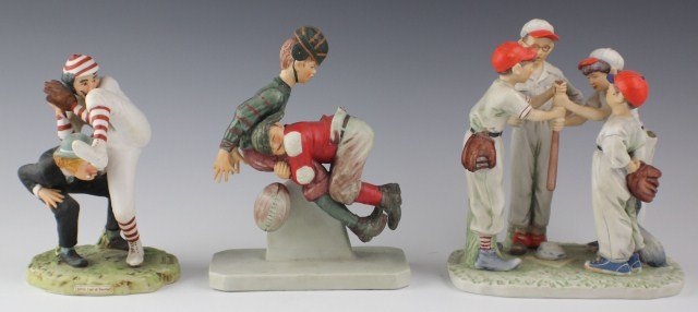 LOT OF THREE SPORTS FIGURINES: LOT OF THREE SPORTS FIGURINES Lot of Three Sports Figurines to include; Norman Rockwell Gorham 1951 "Choosing Up" with three boys choosing sides in a baseball game. Norman Rockwell Gorham 1976 "Tackle