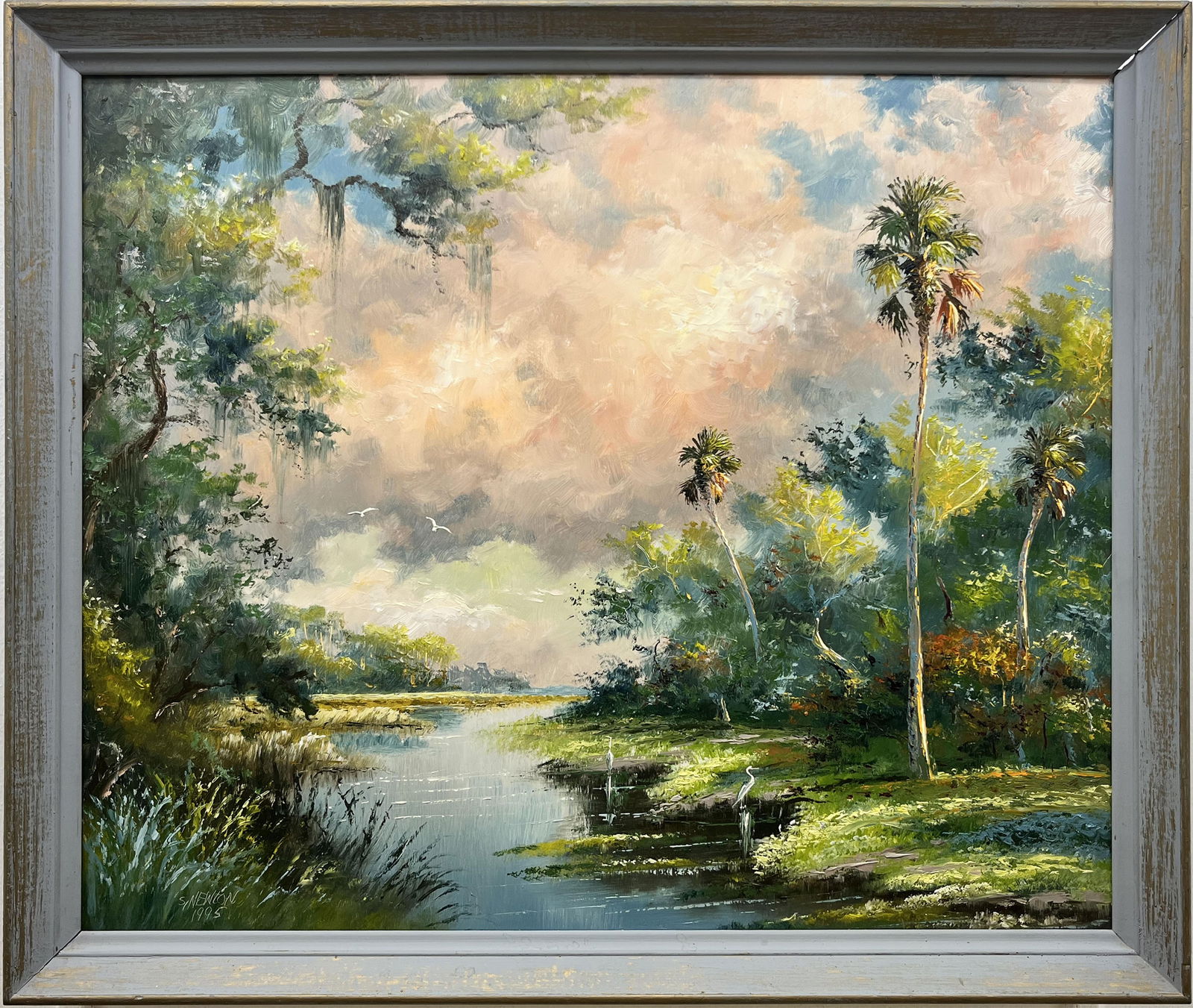 SAM NEWTON FLORIDA HIGHWAYMEN ST. JOHN'S RIVER: Newton, Samuel (B.1948) Florida Highwaymen Painting. Oil on Masonite - signed lower left, 1995. Composed with brush and palette knife. This carefully executed scene shows excellent detail to trees and