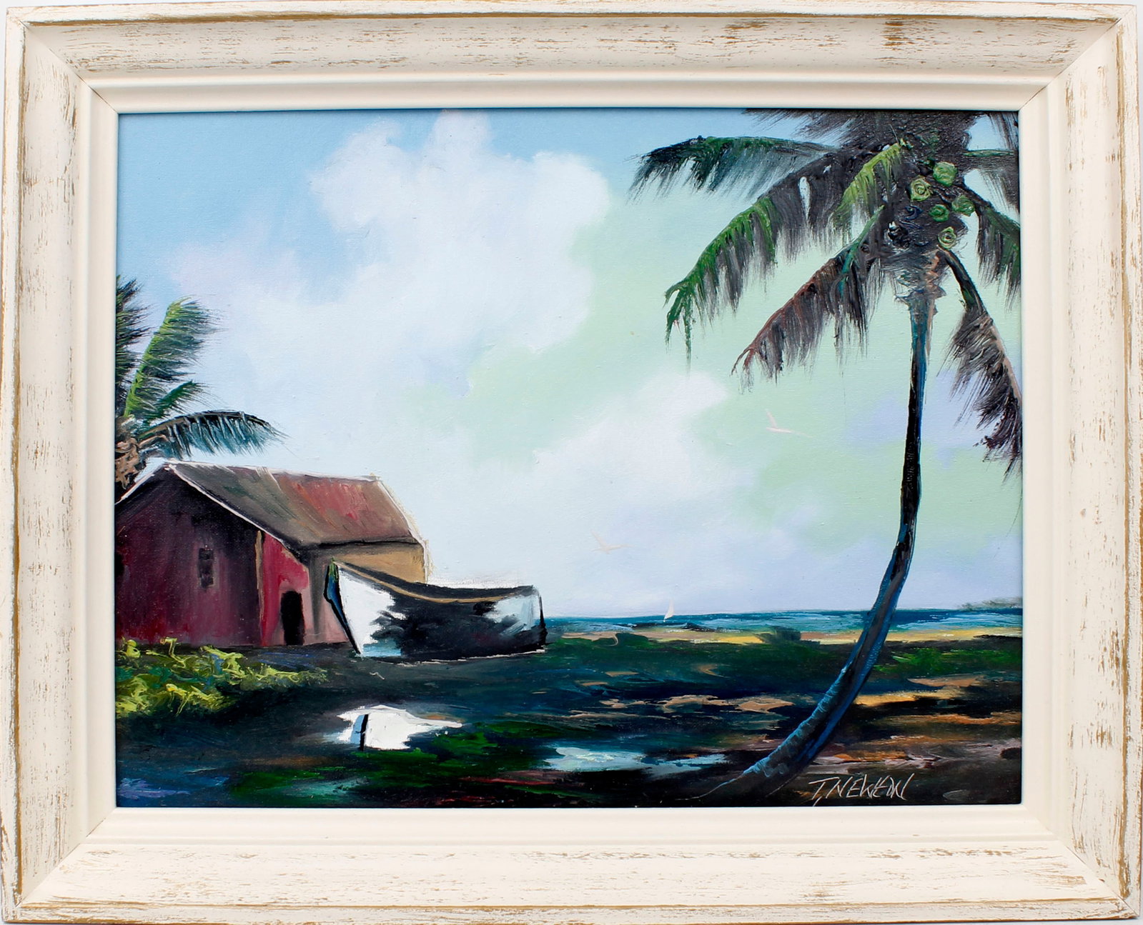 TRACY NEWTON FLORIDA ARTIST INDIAN RIVER: Newton, Tracy - Florida Artist Highwaymen style painting. Son of Highwaymen Sam Newton. Oil on canvas board - signed lower right. "Smooth Sailing on the Indian River". Riverside shack, skiff and palms