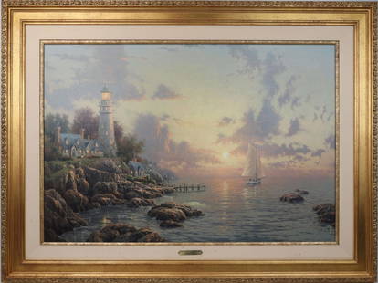 THOMAS KINKADE GICLEE THE SEA OF TRANQUILITY: Thomas Kinkade "The Sea of Tranquility" Limited Edition offset lithograph on canvas with master hand highlighting. Canvas measures 24x36 framed to overall size of 33x45. Thomas Kinkade COA included Co