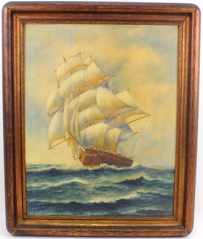 WESLEY WARREN PAINTING CLIPPER SHIP OIL ON CANVAS: WESLEY WARREN PAINTING CLIPPER SHIP OIL ON CANVAS Wesley Warren (American, 20th century). Painting, Oil on canvas featuring clipper ship at sea. Framed in wooden frame with gold accents. Signature bot