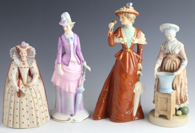 FOUR PORCELAIN FIGURINES LENOX GOEBEL MARURI: FOUR PORCELAIN FIGURINES LENOX GOEBEL MARURI Four 20th century figures, Jane, by Lenox. Emma for Gorham by Marui, A Goebel figure of a lady holding a rose. Figure of a cook preparing vegetables. Size: