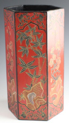 JAPANESE DECORATED PAPIER MACHE BRUSH POT: JAPANESE DECORATED PAPIER MACHE BRUSH POT Early 20th century Japanese papier or paper mache brush pot. Hand decorated and lacquered. Size: 11" tall, Est. 20-40, Lot: 32153