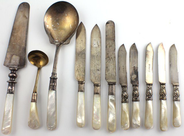 SILVER & SILVERPLATE MOP HANDLED SERVING UTENSILS: SILVER & SILVERPLATE MOP HANDLED SERVING UTENSILS Lot includes 11 pieces - large serving spoon (sterling), cake knife (sterling - Universal LF&C), small ladle (sterling), dinner knife (plated, J Russe